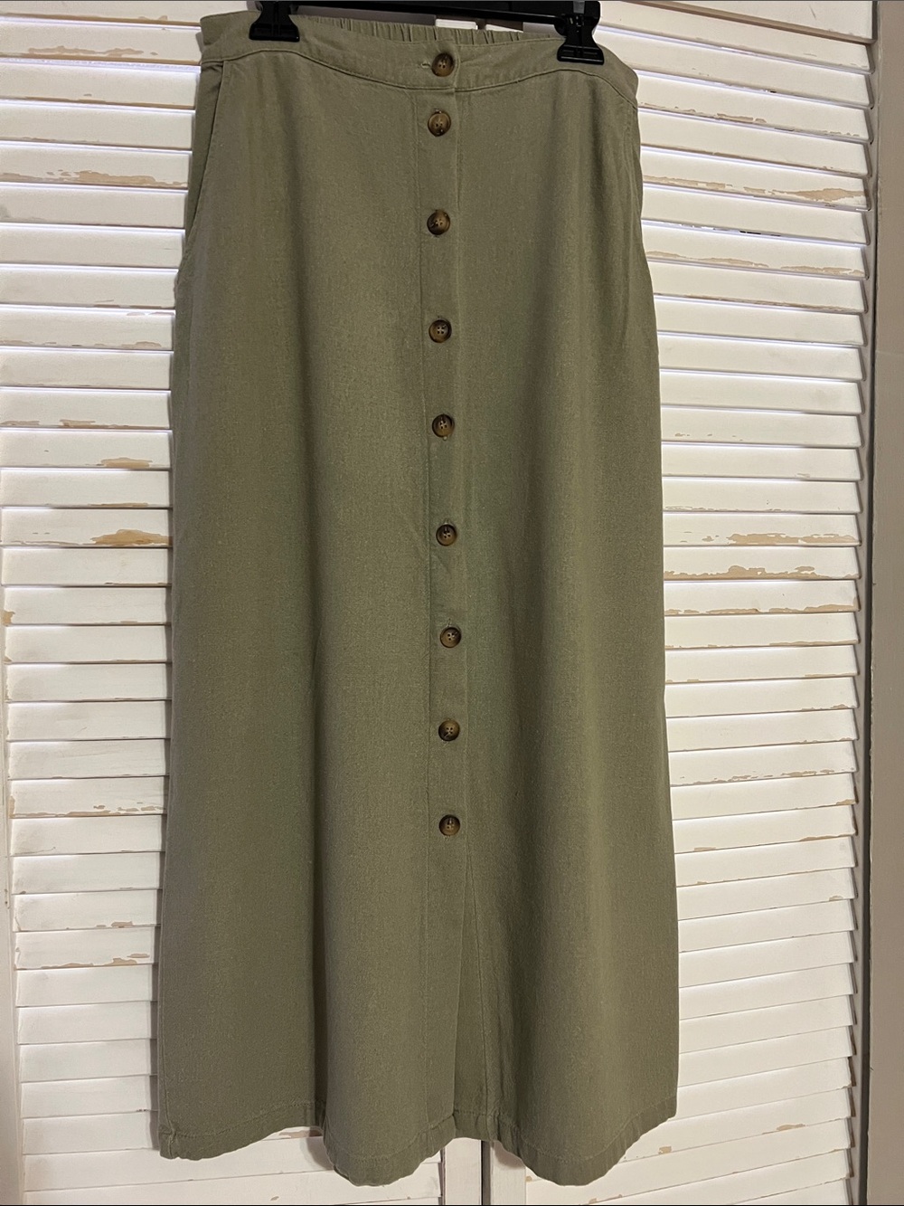 Olive (Celery) Button-Front Midi? A Line Skirt in Linen Blend Button Down Front